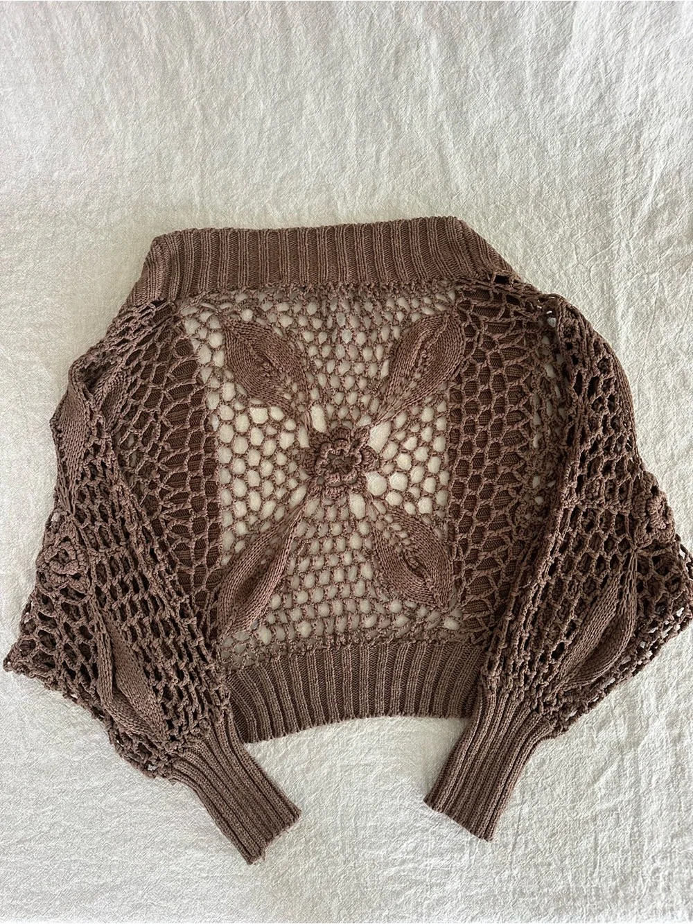 Brown Crochet Open-Knit Women's Cardigan Sweater - Picture 3 of 4